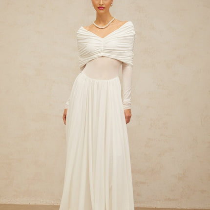 Valentina White Maxi Dress V-neck Long Sleeves Ruched Detailing Pleated Skirt Rear Zip Fastening Luxurious Blend Terylene Spandex Elegant Charm Grace