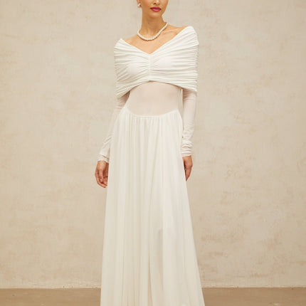 Valentina White Maxi Dress with V-neck and ruched detailing