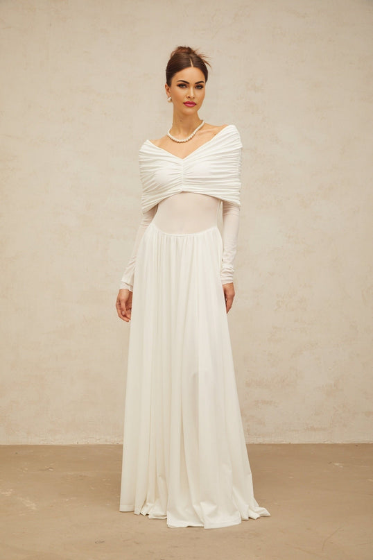 Valentina White Maxi Dress with V-neck and ruched detailing
