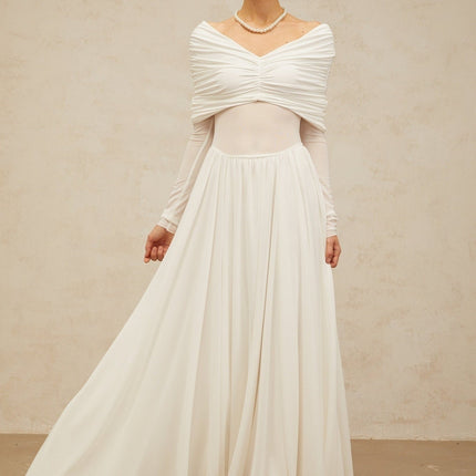 Valentina White Maxi Dress with V-neck and ruched detailing