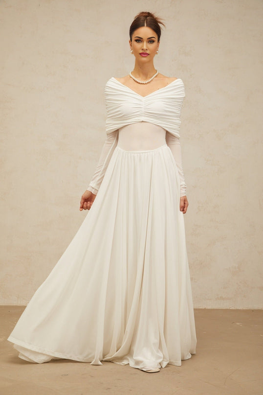 Valentina White Maxi Dress with V-neck and ruched detailing