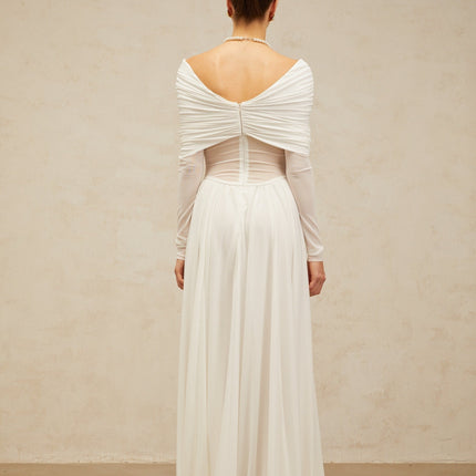 Valentina White Maxi Dress V-neck Long Sleeves Ruched Draped Accents Pleated Skirt Rear Zip Fastening Terylene Spandex Blend Elegant Glamour Statement