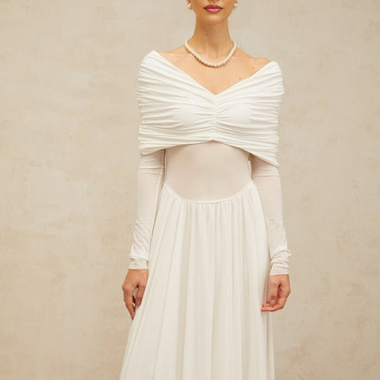 Valentina White Maxi Dress with V-neck and ruched detailing