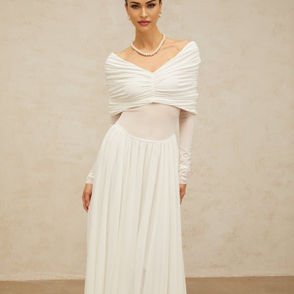 Valentina White Maxi Dress with V-neck and ruched detailing