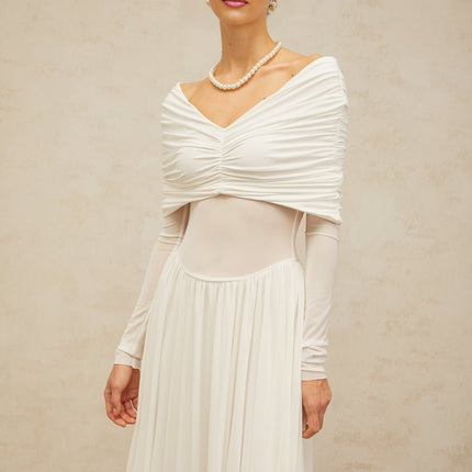 Valentina White Maxi Dress with V-neck and ruched detailing in Terylene Spandex blend fabric