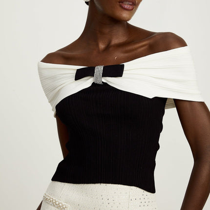 Valeria Black and White Ribbed Knit Top with Bow Detail and Rhinestone Embellishments