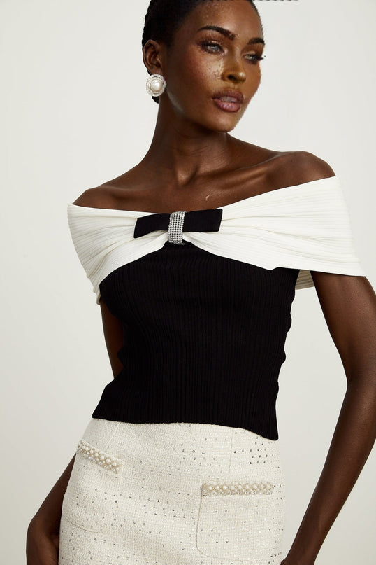 Valeria Black and White Ribbed Knit Top with Bow Detail and Rhinestone Embellishments