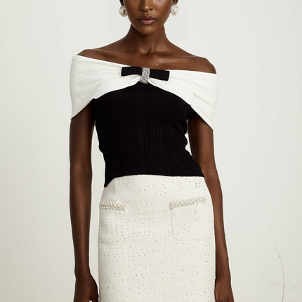 Valeria Black and White Ribbed Knit Top with Bow Detail and Rhinestone Embellishments