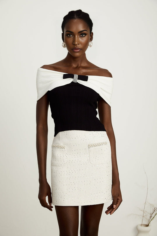 Valeria Black and White Ribbed Knit Top with Bow Detail and Rhinestone Embellishments