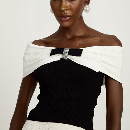 Valeria Black and White Ribbed Knit Top with Bow Detail and Rhinestone Embellishments
