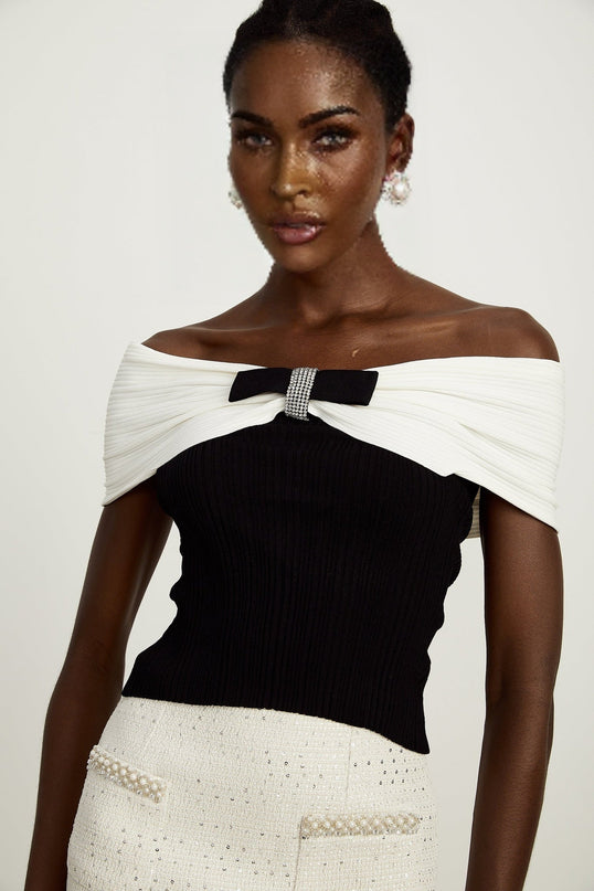 Valeria Black and White Ribbed Knit Top with Bow Detail and Rhinestone Embellishments