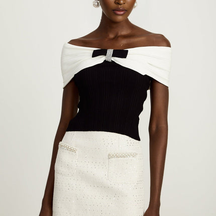 Valeria Black and White Ribbed Knit Top with Bow Detail and Rhinestone Embellishments