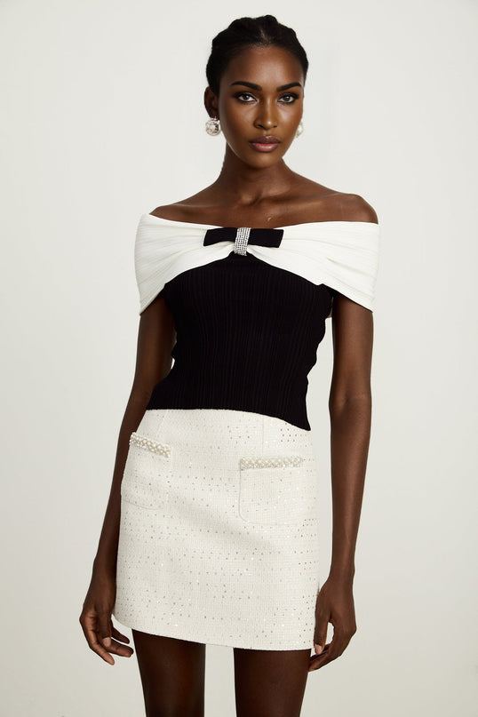 Valeria Black and White Ribbed Knit Top with Bow Detail and Rhinestone Embellishments