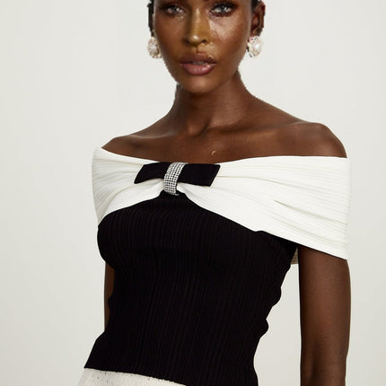 Valeria Black and White Ribbed Knit Top with Bow Detail and Rhinestone Embellishments