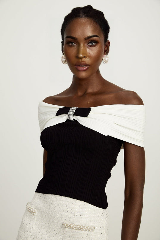 Valeria Black and White Ribbed Knit Top with Bow Detail and Rhinestone Embellishments