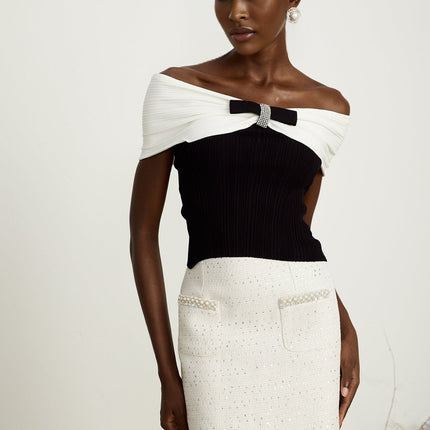 Valeria Black and White Ribbed Knit Top with Bow Detail and Rhinestone Embellishments