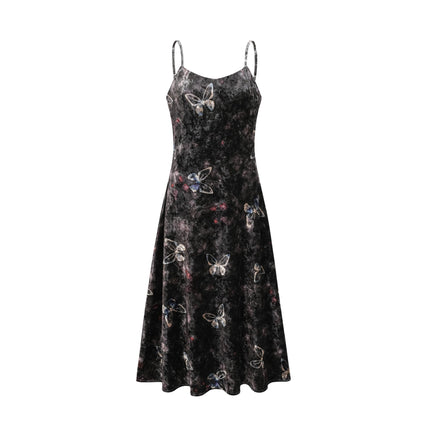 Valeria Black Butterfly Print Velvet Jacquard Midi Dress