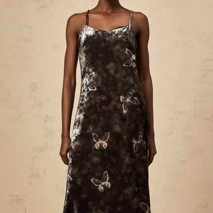 Valeria Black Butterfly Print Velvet Midi Dress