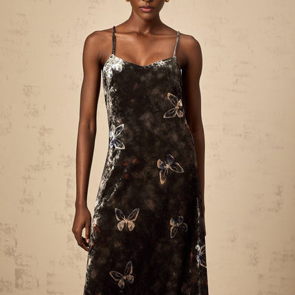 Valeria Black Butterfly Print Velvet Midi Dress