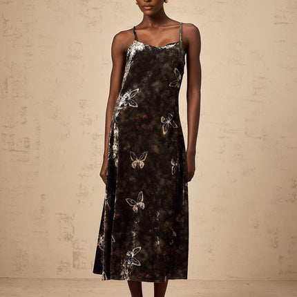 Valeria Black Butterfly Print Velvet Midi Dress
