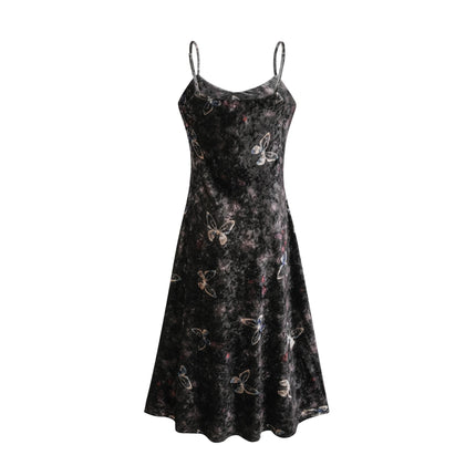 Valeria Black Butterfly Print Velvet Midi Dress