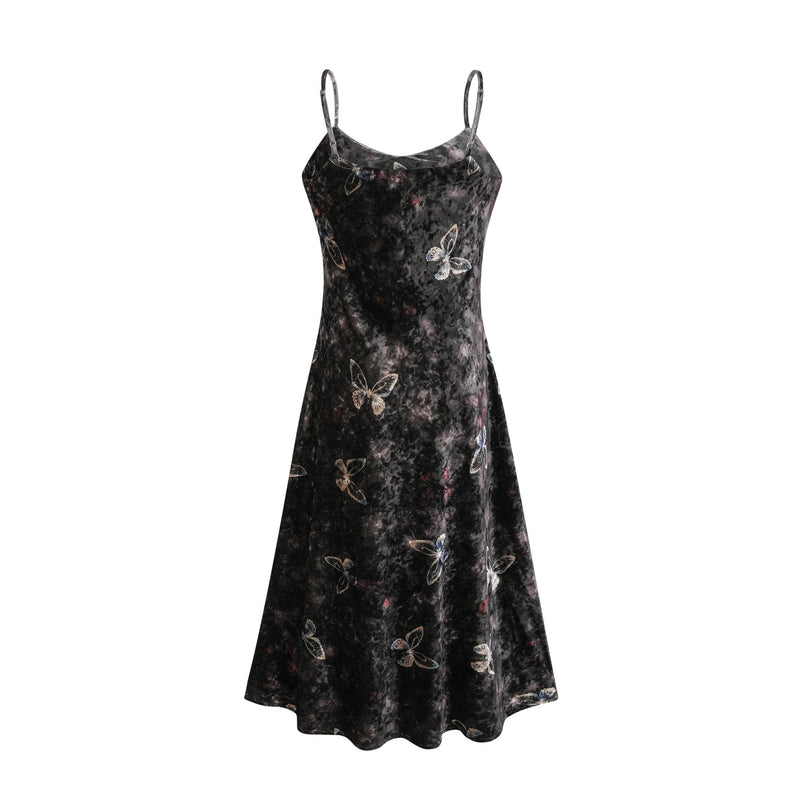 Valeria Black Butterfly Print Velvet Midi Dress