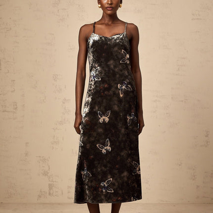 Valeria Black Butterfly Print Velvet Midi Dress
