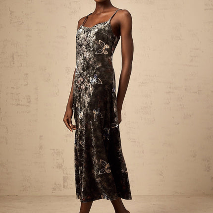 Valeria Black Butterfly Print Velvet Midi Dress
