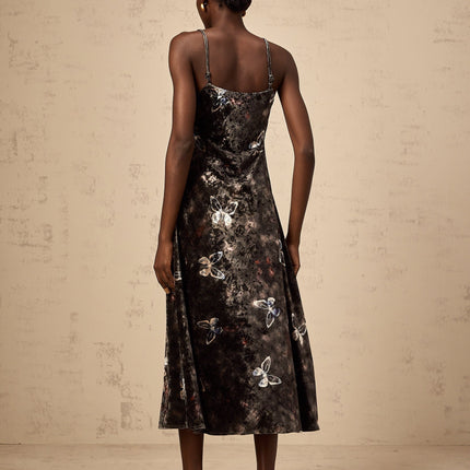 Valeria Black Butterfly Print Velvet Midi Dress with Gradient Effect Patterned Jacquard fabric V-neck and twisted straps rear zip fastening calf-length masterpiece 94% Polyester 6% Spandex