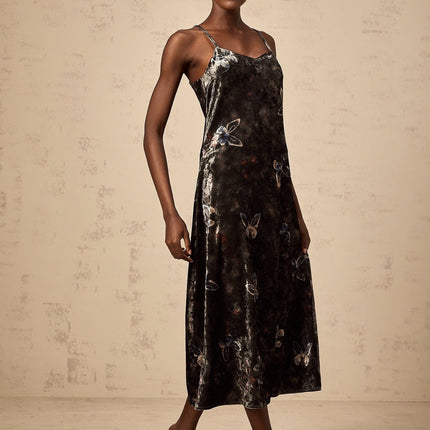 Valeria Black Butterfly Print Velvet Midi Dress