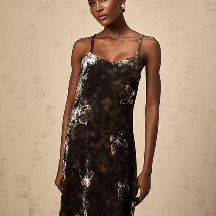 Valeria Black Butterfly Print Velvet Midi Dress