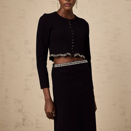 Valeria Black Crystal Embellished Cardigan Skirt Matching Set
