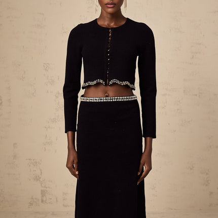 Valeria Black Crystal Embellished Cardigan Skirt Matching Set