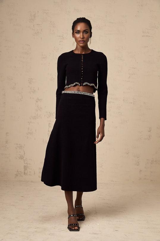 Valeria Black Crystal Embellished Cardigan Skirt Matching Set