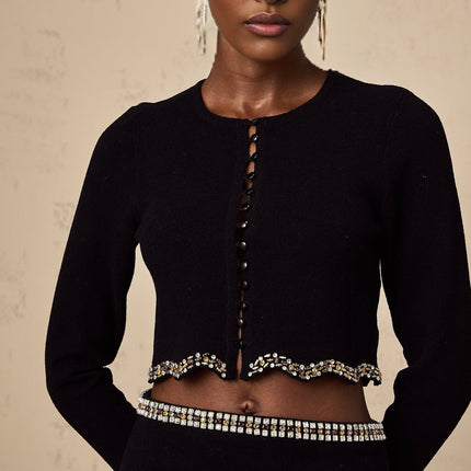 Valeria Black Crystal Embellished Cardigan Skirt Matching Set