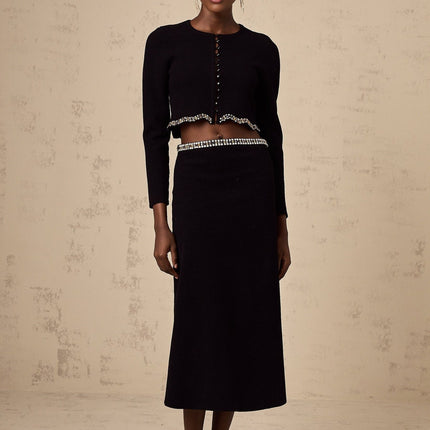 Valeria Black Crystal Embellished Cardigan Skirt Matching Set