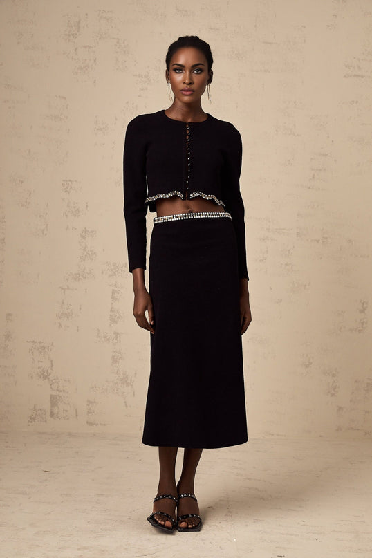 Valeria Black Crystal Embellished Cardigan Skirt Matching Set