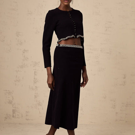 Valeria Black Crystal Embellished Cardigan Skirt Set