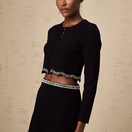 Valeria Black Crystal Embellished Matching Set Cardigan Skirt Glamour Sophisticated Elegance Luxury