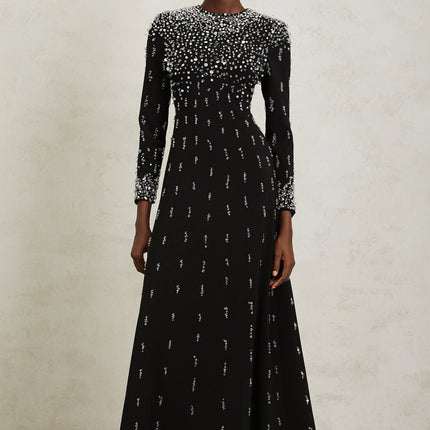Valeria Black Maxi Dress with Sequin, Faux-Pearl, and Crystal Embellishments