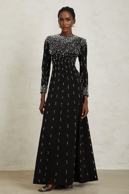 Valeria Black Maxi Dress with Sequin, Faux-Pearl, and Crystal Embellishments