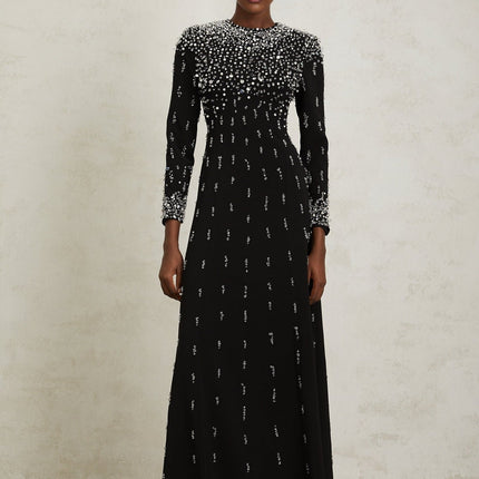 Valeria Black Maxi Dress with Sequin, Faux-Pearl, and Crystal Embellishments