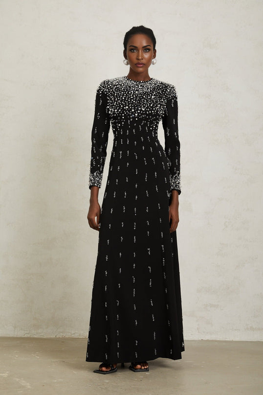 Valeria Black Maxi Dress with Sequin, Faux-Pearl, and Crystal Embellishments