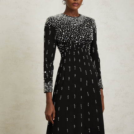 Valeria Black Maxi Dress with Sequin, Faux-Pearl, and Crystal Embellishments