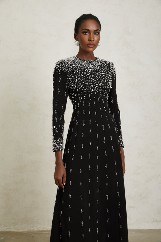 Valeria Black Maxi Dress with Sequin, Faux-Pearl, and Crystal Embellishments