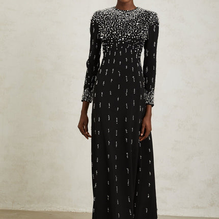 Valeria Black Maxi Dress with Sequin, Faux-Pearl, and Crystal Embellishments