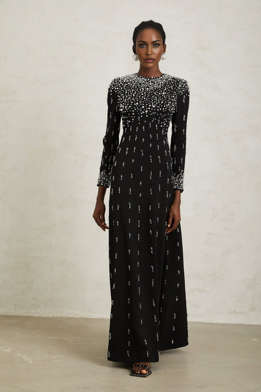 Valeria Black Maxi Dress with Sequin, Faux-Pearl, and Crystal Embellishments