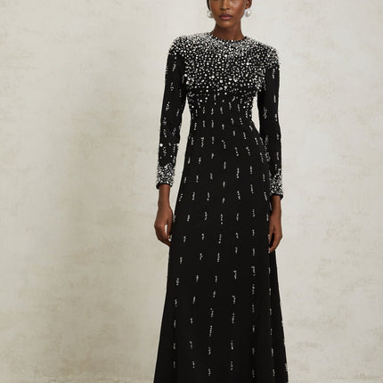 Valeria Black Maxi Dress with Sequin, Faux-Pearl, and Crystal Embellishments