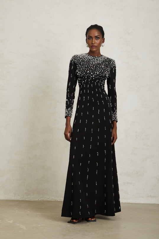 Valeria Black Maxi Dress with Sequin, Faux-Pearl, and Crystal Embellishments