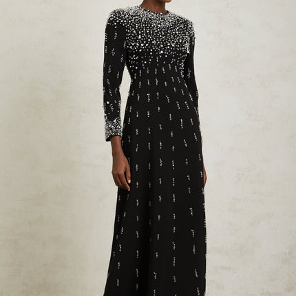 Valeria Black Maxi Dress with Sequin, Faux-Pearl, and Crystal Embellishments